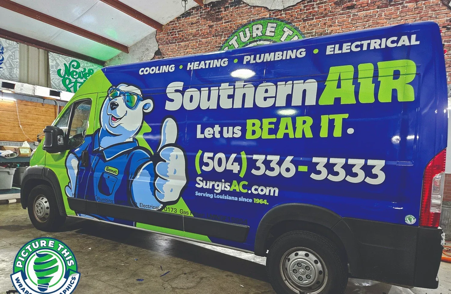 Authentic Southern Air commercial service van wrap photographed at Picture This Wraps